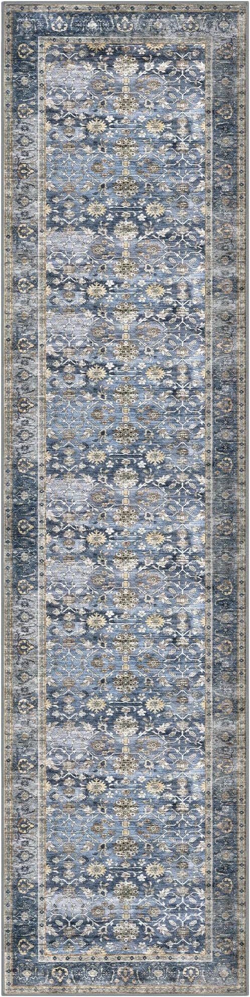 KUTA Vintage Washable Runner Rug, 2x8 Blue Grey Beige Runners for Hallways Non-Slip Kitchen Rugs Ultra Thin Soft Printed Distressed Floral Floor Carpet for Laundry Bedroom Living Room Nursery