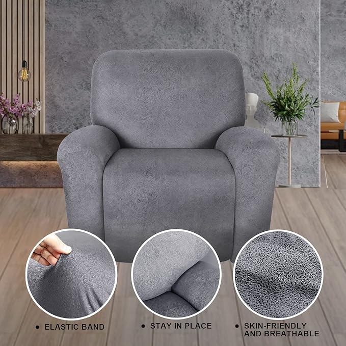 ANARACHON Recliner Chair Covers Leather Like, 4 Pieces Recliner Cover for Recliner Chair, Soft Sofa Slipcover Furniture Protector Washable Sofa Cover for Pets Kids (Light Grey)