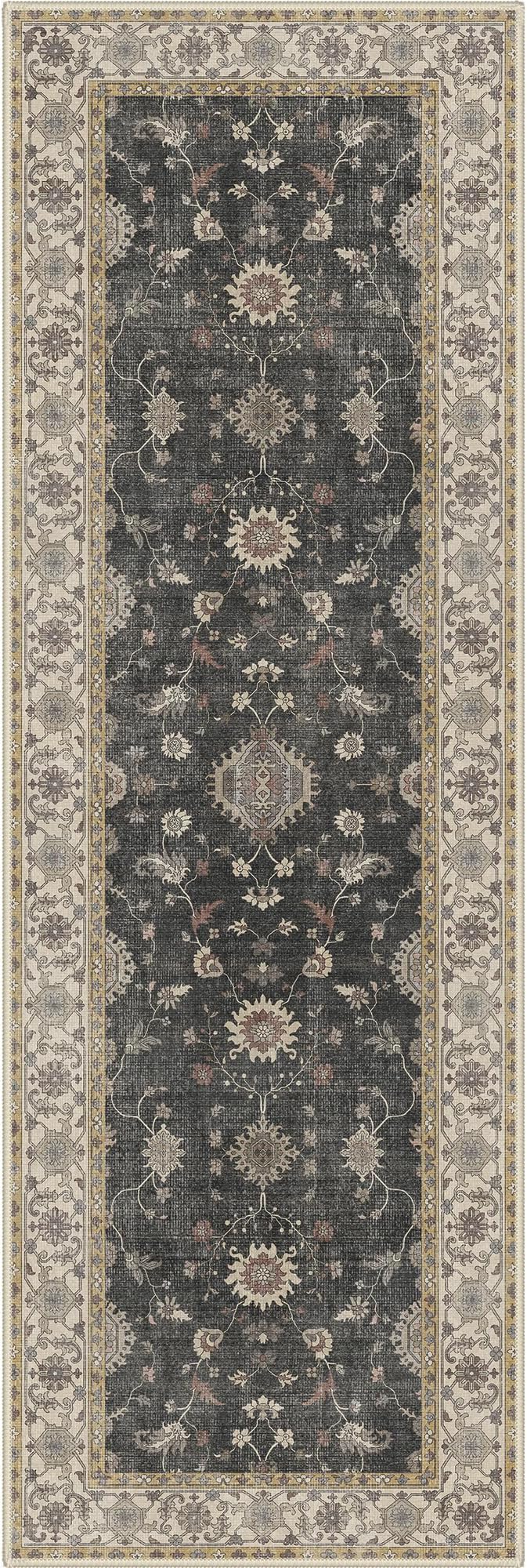 GENIMO Runner Rug for Hallways Machine Washable, 2x5 Non Slip Boho Vintage Lightweight Washable Runners, Thin Floor Rugs for Entryway Hallway Bathroom Laundry Room Corridor, Charcoal Brown