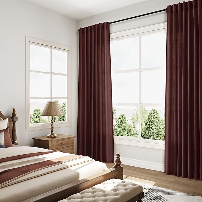 Nanspring Reddish Brown Linen Blend Light Filtering Back Tab Curtains 96 Inches Long, Semi Sheer Privacy Drapes for Living Room & Bedroom, 52x96 inch, 2 Panels