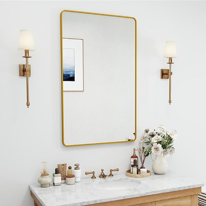 SCWF-GZ 24x36 Vanity Mirror Full Length Wall Mounted Aluminum Alloy Metal Frame Dressing Round Rectangle Mirrors for Entryway Bedroom Bathroom Living Room Horizontally or Vertically 36x24 inch Gold