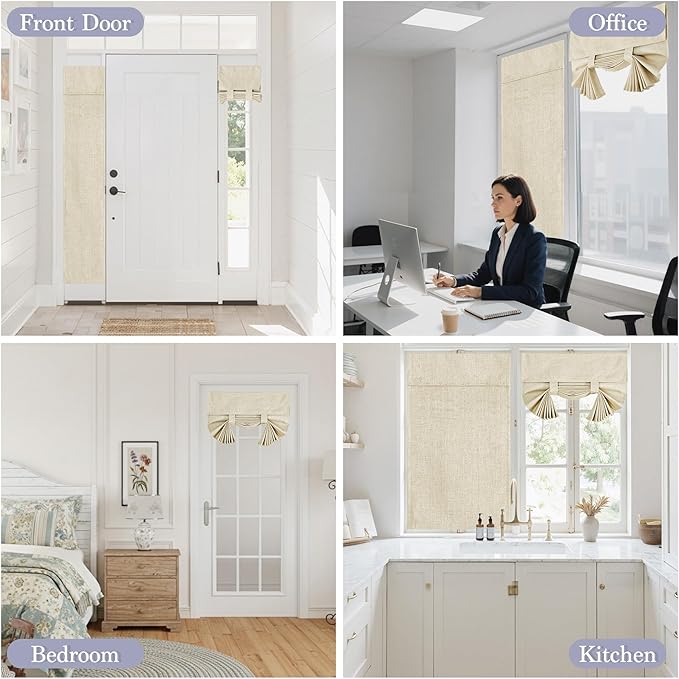 RYB HOME 100% Blackout Tricia Door Curtains, Linen Textured Blend Thermal Insulating Privacy French Door Window Tie Up Shades Living Room Curtains for Kitchen, W 30 x L 80 inches, Beige, 1 Panel