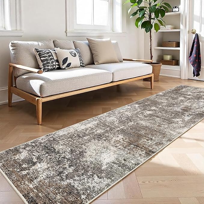 2x12 ft Washable Hallway Runner Rug – Non-Slip Stain-Resistant Low-Pile Long Carpet Runner for Kitchen Entryway Living Room Bedroom Bathroom, Modern Abstract Neutral (Brown Beige,2x12)