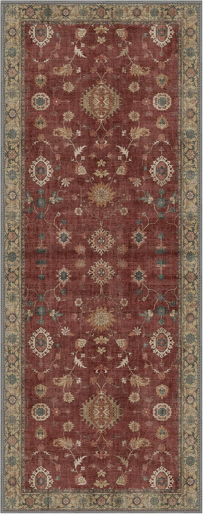 GENIMO Runner Rug for Hallways Machine Washable, 2'6''x6 Non Slip Boho Vintage Lightweight Washable Runners, Thin Floor Rugs for Entryway Hallway Bathroom Laundry Room Corridor, Red
