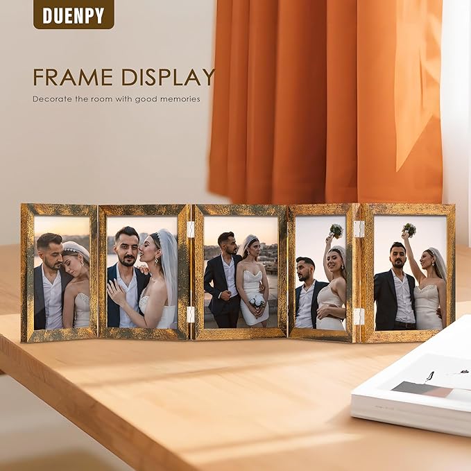 5 Folding 5x7 Picture Frame Horizontal Engineered Wood Accordion Photo Frame with Plexiglass Tabletop Bookshelf Display Brown