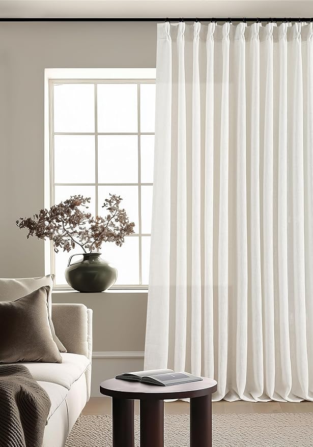 TWODRAPES 102 Inch Long Curtains Extra Wide 70 Inch Width Pinch Pleat Linen Curtains for Living Room Cream Light Filtering Privacy Pleated Hooks Rings Back Tab for Sliding Door 1 Panel