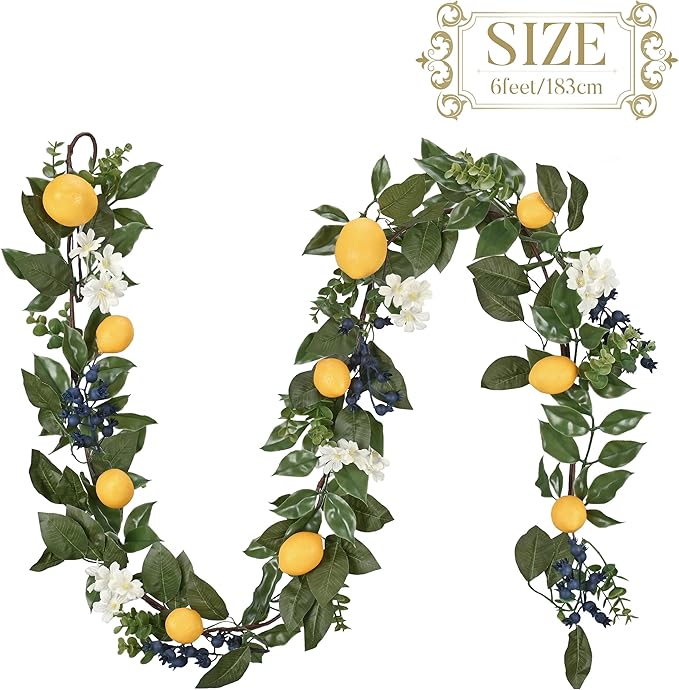 Valery Madelyn 6ft Pre-Lit Lemon Garland with Greenery, Thin Spring Summer Garland for Mantle with Lights, Artificial Fruit Vine for Stairs Fireplace Table, Farmhouse Kitchen Home Wall Party Decor