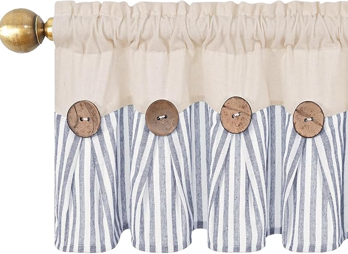 ASPMIZ Cotton Linen Kitchen Curtains Valance, Boho Rustic Button Valances for Windows Farmhouse Style, Blue Stripe Window Valances for Bathroom Cafe, Tie Up Valance for Kitchen Windows, 60 x 14 Inch