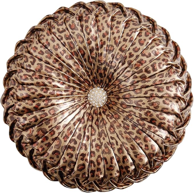 EUCIOR Leopard Gold Throw Pillows,Circular Pillow,Pumpkin Pleated Handmade Throw Pillows,Smooth Metallic Leather Decorative Pillows for Home Decor Bedroom Living Room Couch Bed Sofa