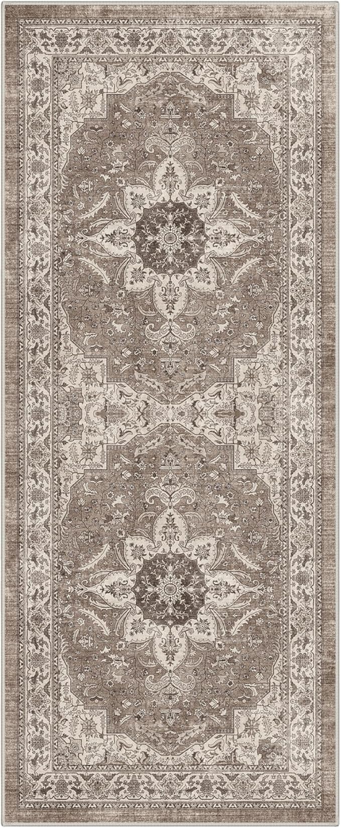 GENIMO Runner Rug for Hallways Machine Washable, 2x5 Non Slip Boho Vintage Lightweight Washable Runners, Thin Floor Rugs for Entryway Hallway Bathroom Laundry Room Corridor, Dark Brown