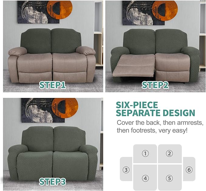 YEMYHOM 6 Pieces Stretch Loveseat Recliner Slipcover Jacquard Recliner Sofa Cover with Side Pocket Fitted Recliner Cover Couch Furniture Protector with Elastic Bottom (Medium, Army Green)