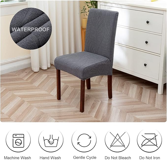Genina Waterproof Chair Covers for Dining Room, Stretch Jacquard Dining Chair Slipcovers Removable Washable Chair Protector for Kitchen, Hotel, Restaurant (Leaves-Dark Gray, 6 PCS)