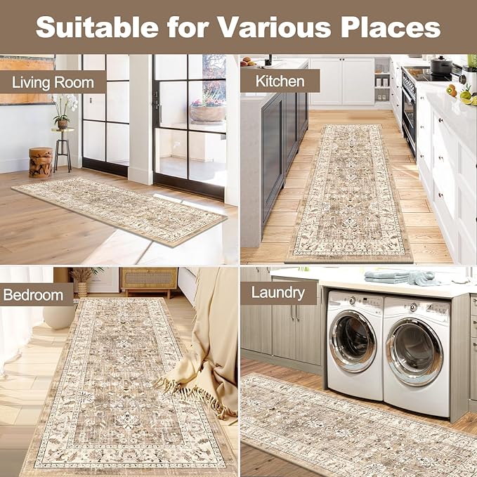 LOKHOM Washable Runner Rug, 2x5 Non-Slip Vintage Hallway Runner Rug with Rubber Backing, Boho Floral Soft Kitchen Rug Distressed Carpet Runner for Kitchen Laundry Entryway (Beige Brown)