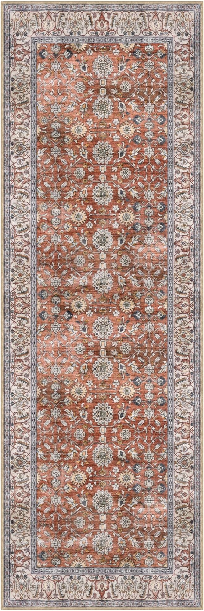 KUTA Runners for Hallways 2x6, Vintage Floral Rug Non-Slip Washable Kitchen Rugs Red Clay Ultra Thin Soft Printed Retro Distressed Flower Carpet Entryway Rugs for Bedroom Laundry Nursery