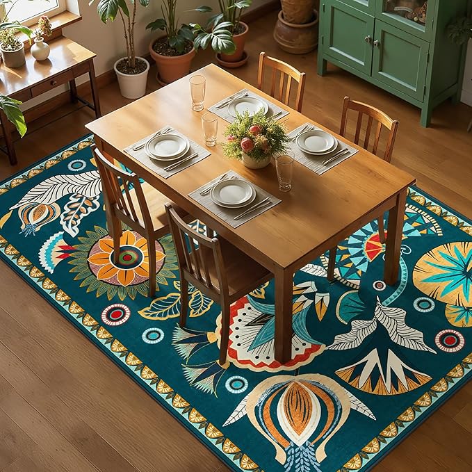 Joydeco Egypt Floral Boho Large Area Rugs for Living Room Nursery, Washable Dark Green Bedroom Rug 8x10 Under Bed, Vintage Non Slip Indoor Throw Carpet for Playroom Dining Room Dorm