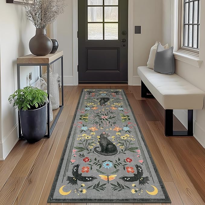 GarveeHome 2.5x8 Cat Washable Runner Rug for Hallway, Soft Grey Long Kitchen Runner Non Slip Mushroom Insect Entryway Rug Floral Laundry Mat Stain Resistant Carpet for Bathroom Beside Rug
