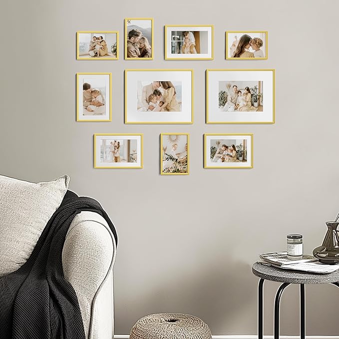 eletecpro Aluminum Gallery Wall Frame Set of 10, Including 2Pcs 8x10, 4Pcs 5x7, 4Pcs 4x6 Photo Frames for Wall or Tabletop Display, Multiple Sizes Picture Frames Collage Wall Decor, Gold