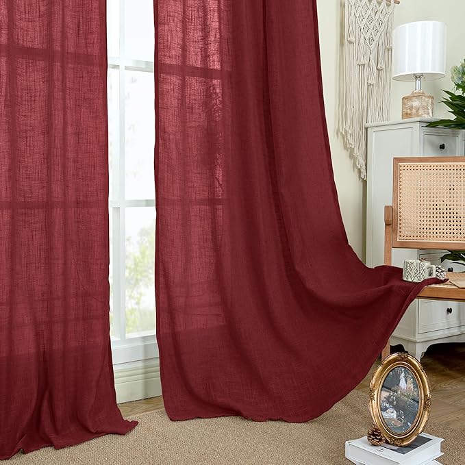 LAMIT 72 inch Red Linen Curtains for Living Room 2 Panels, Linen Textured Light Filtering Semi Sheer Back Tab and Rod Pocket Curtain Panels for Bedroom/Farmhouse, Burgundy Red, 52 x 72 Inch