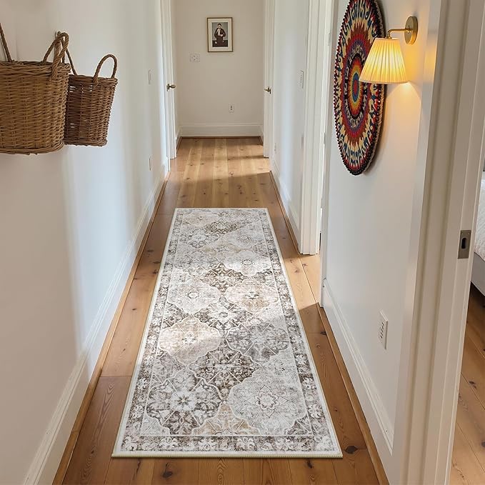 Ileading Washable Hallway Runner Rugs, 2x6 Non Slip Runners Area Rug for Entryway Kitchen Bathroom Bedroom Laundry Living Room, Long Narrow Low-Pile Floor Carpet Boho Vintage Throw Mat for Kids Room