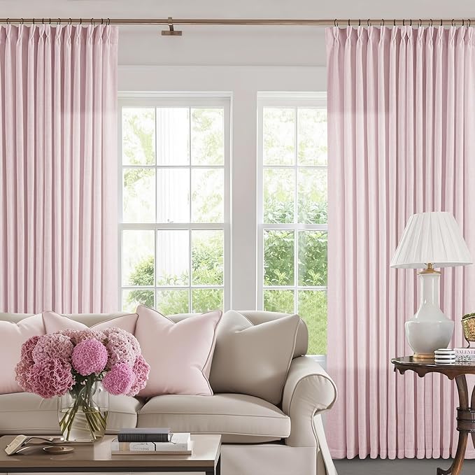 TWODRAPES 80 Inch Pink Pinch Pleated Semi Sheer Curtains for Girls Bedroom Living Room Pleat Memory Shape Trained Light Filtering Linen 80 Inch Curtains Drape Window Panels Baby Pink Blush Nursery