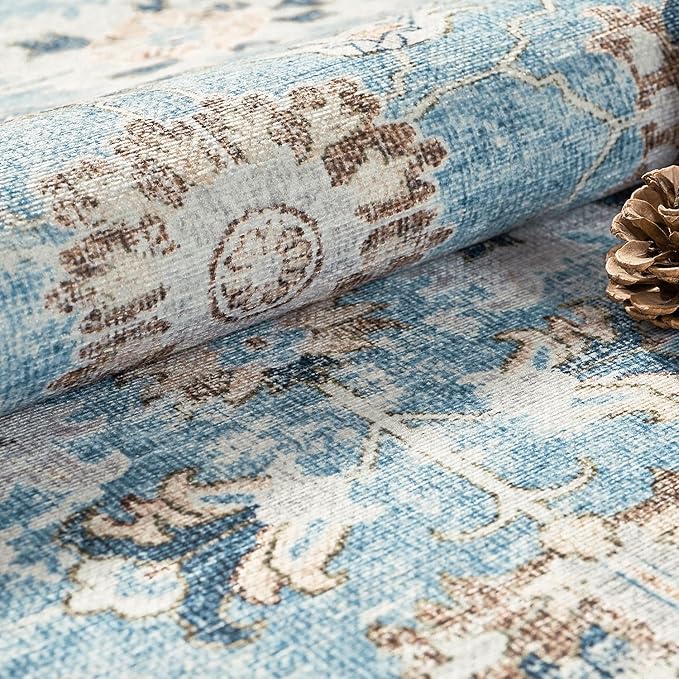 jinchan Round Rug 6ft Area Rug - Washable Boho Vintage Floral Circle 6' Round Floor Cover Lightweight Low Pile Thin Throw Non-Slip Carpet for Kitchen Living Room Bedroom Dining Room Office Light Blue