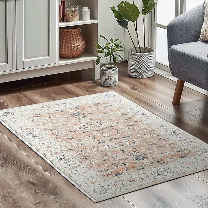 jinchan Area Rug 3x5 Entryway Rug - Washable Vintage Boho Floral Floor Cover Lightweight Low Pile Indoor Doormat Thin Non-Slip Carpet for Kitchen Living Room Bedroom Dining Room Office Pink Blush