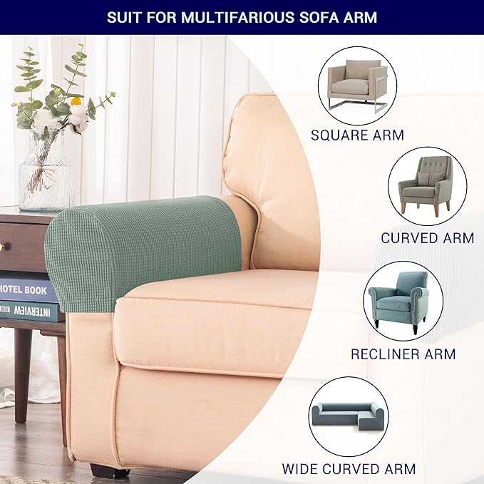 SUBRTEX Stretch Couch Arm Covers Set of 2, Checkered Sofa Arm Slipcovers, Anti-Slip Armrest Covers for Recliner and Armchairs, Pet Proof, High Stretchy, Hook & Loop Tape, Olive Green