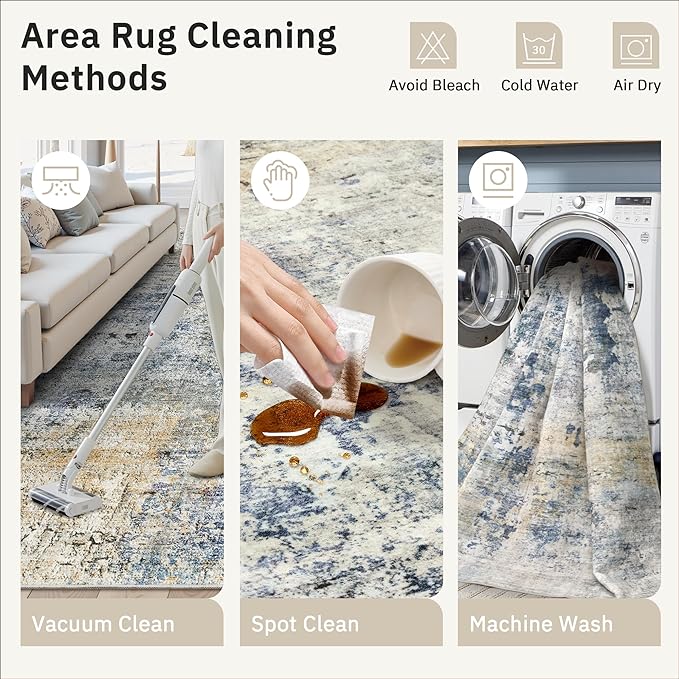 Soalmost Abstract Rug 5x7 Machine Washable Area Indoor Blue Yellow Low Pile Non-Slip Foldable Thin Accent Rugs for Bedroom Living Room Dining Room