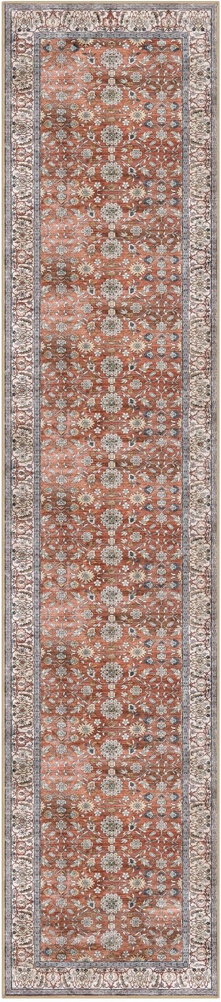 KUTA Vintage Long Runners for Hallways, 2.6x12 Red Clay Washable Non-Slip Kitchen Rugs Ultra Thin Soft Printed Distressed Oriental Floral Floor Carpet for Laundry Bedroom Living Room Nursery