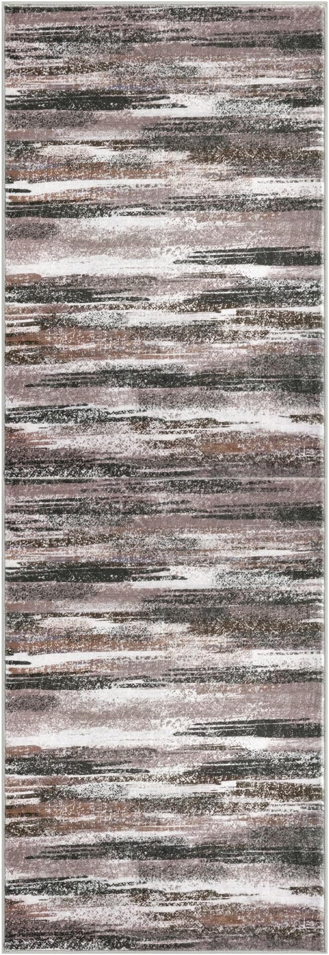 Lansny Modern Abstract Runner Rug 3x8, Dark Light Brown White Washable Kitchen Runner Non-Slip Soft Hallway Rug Runner Thin Print Faux Wool Carpet for Entryway Bedroom Laundry Room Indoor