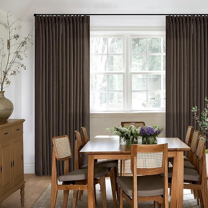 TWODRAPES Dark Chocolate Pinch Pleated Linen Curtains 2 Panels for Living Room Bedroom Memory Training Shaped Semi Sheer Pleat Drapes with Hooks Rings Light Filtering Window Curtain 40x84