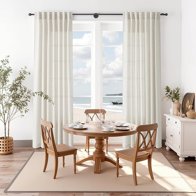 Nanspring Mousse White Lnen Curtains 102 Inches Long for Living Room Linen Light Filtering Semi Sheer Curtain Back Tab Simple Modern Floor to Ceiling Coastal Decor Drapes for Bedroom 52x102, 2 Panels