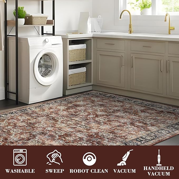 GarveeHome Area Rug 8x10 Washable Living Room Rug Non Slip Distressed Floor Cover Foldable Low Pile Traditional Accent Rug Floral Print Soft Throw Carpet for Bedroom Dining Room Office, Red