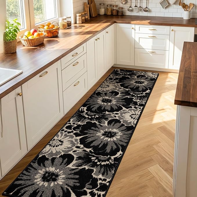 Findosom Hallway Runner Rug 2x10, Non Slip High-Low Textured Floral Washable Runner Rug with Rubber Backing, Boho Carpet Runner for Kitchen, Entryway, Bedroom, Laundry, Black & Beige