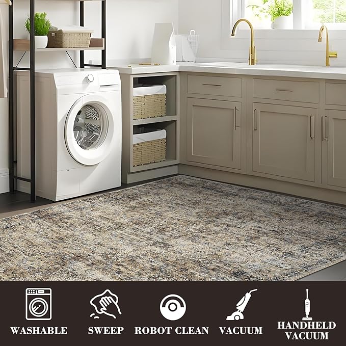 GarveeHome Large Area Rug 9x12 Washable Vintage Floral Rug for Bedroom Low Pile Distressed Throw Rug Non Slip Soft Foldable Floor Cover for Living Room Home Nursery Office, Brown