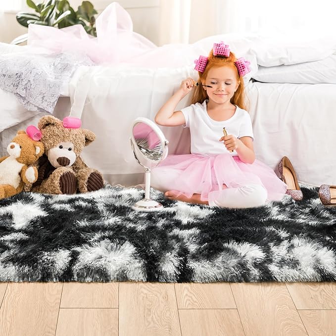 Noahas Runner Rug for Hallway,2'x6' Tie-Dyed Black and White Long Area Rugs for Bedroom Living Room,Non Slip Thick Shag Carpet for Entryway Dorm Bedside Kids Room