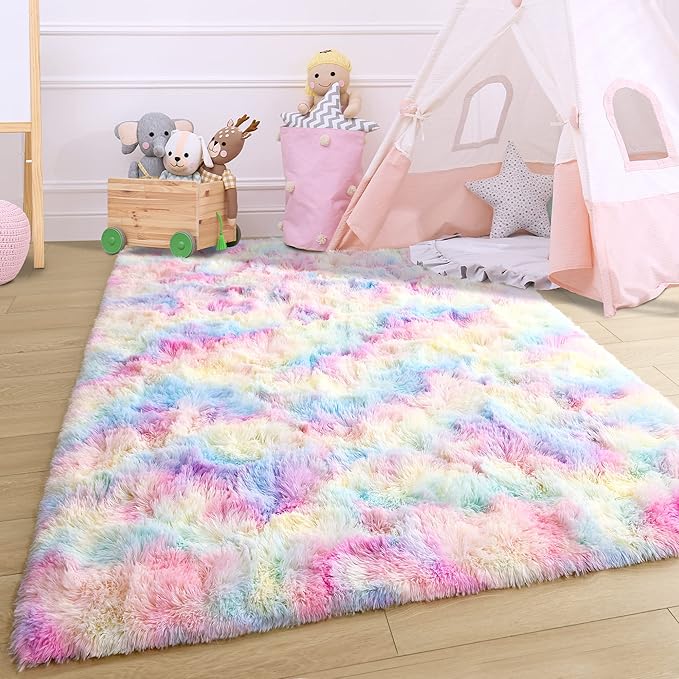 Noahas 4x6 Fluffy Rainbow Rugs for Bedroom Girls,Shag Pink Kids Room Rug,Shaggy Area Rugs for Living Room,Soft Fuzzy Colorful Playroom Nursery Dorm Carpets Room Decor