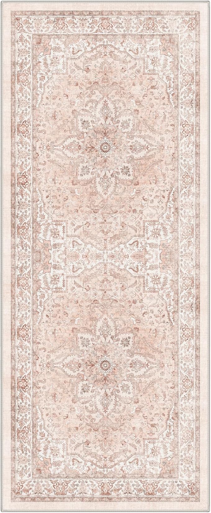 GENIMO Runner Rug for Hallways Machine Washable, 2x10 Non Slip Boho Vintage Lightweight Washable Runners, Thin Floor Rugs for Entryway Hallway Bathroom Laundry Room Corridor, Pink