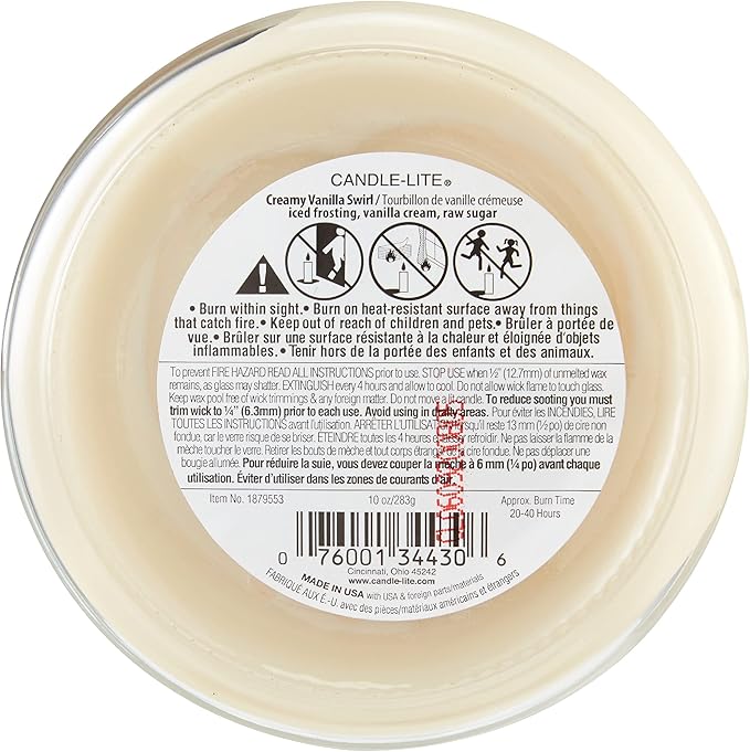Candle-lite Scented Candles, Creamy Vanilla Swirl Fragrance, One 10 oz. Three Wick Aromatherapy Candle with 20-40 Hours of Burn Time, Off-White Color