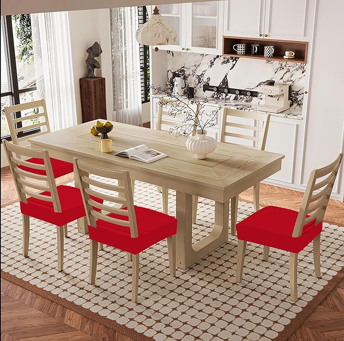 Smiry Waterproof Seat Covers for Dining Room Chairs Set of 8, Stretch Jacquard Removable Washable Chair Seat Slipcovers Protector, No Rear Covers, Red