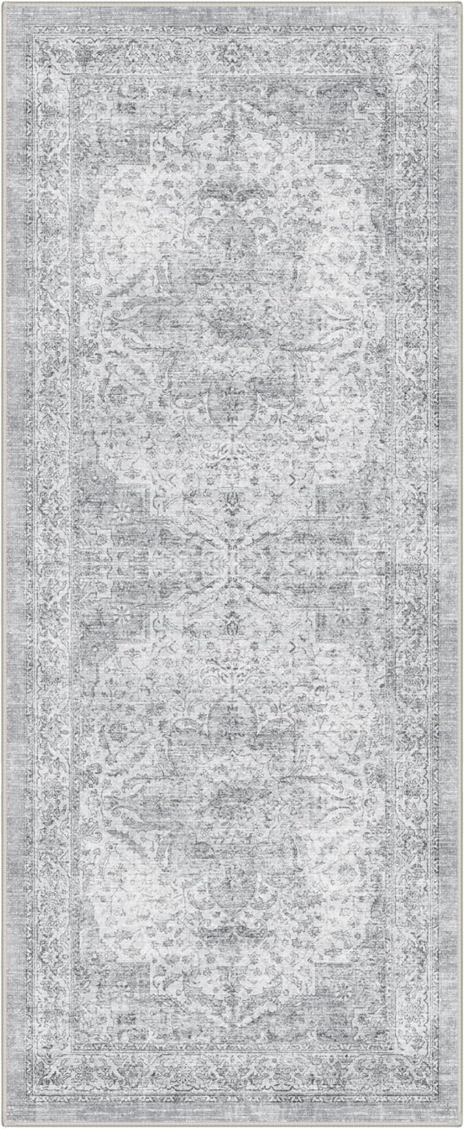 GENIMO Runner Rug for Hallways Machine Washable, 2x5 Non Slip Boho Vintage Lightweight Washable Runners, Thin Floor Rugs for Entryway Hallway Bathroom Laundry Room Corridor, Grey