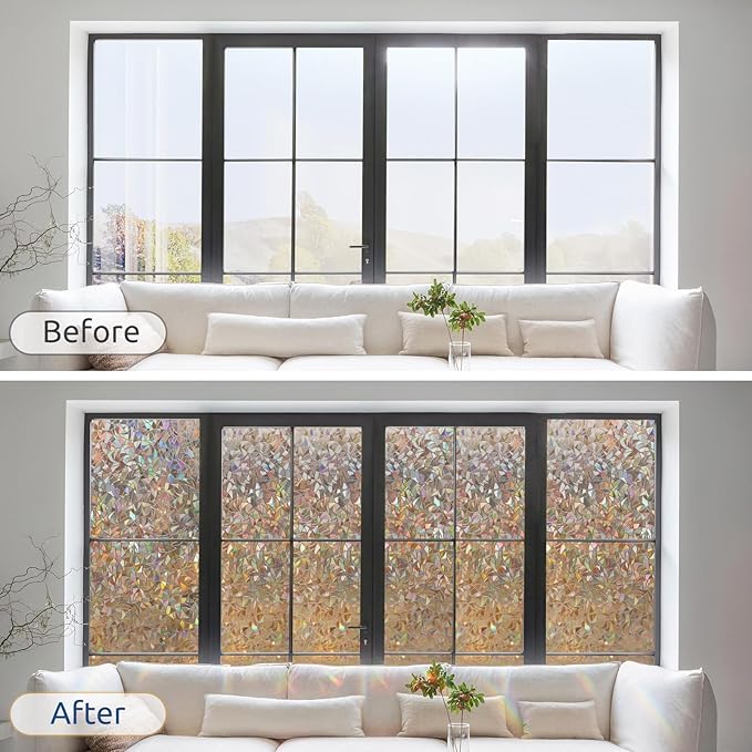 rabbitgoo Window Privacy Film Rainbow Film Decorative Window Sticker, 3D Static Stained Glass Cling Tint for Home Heat Control Non-Adhesive, Brown, 17.5 x 118.1 inches