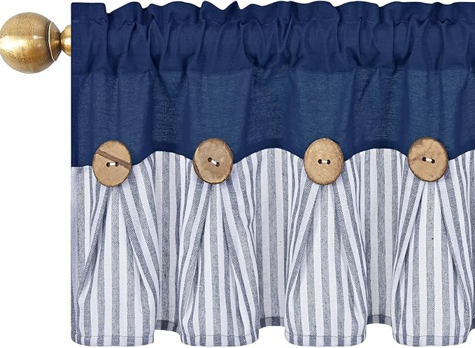 ASPMIZ Farmhouse Cotton Linen Valances for Windows, Boho Kitchen Curtains Valances with Rustic Button, Blue Striped Valance Window Topper Treatment Tiers, Window Valances for Bathroom, 60 x 14 Inch