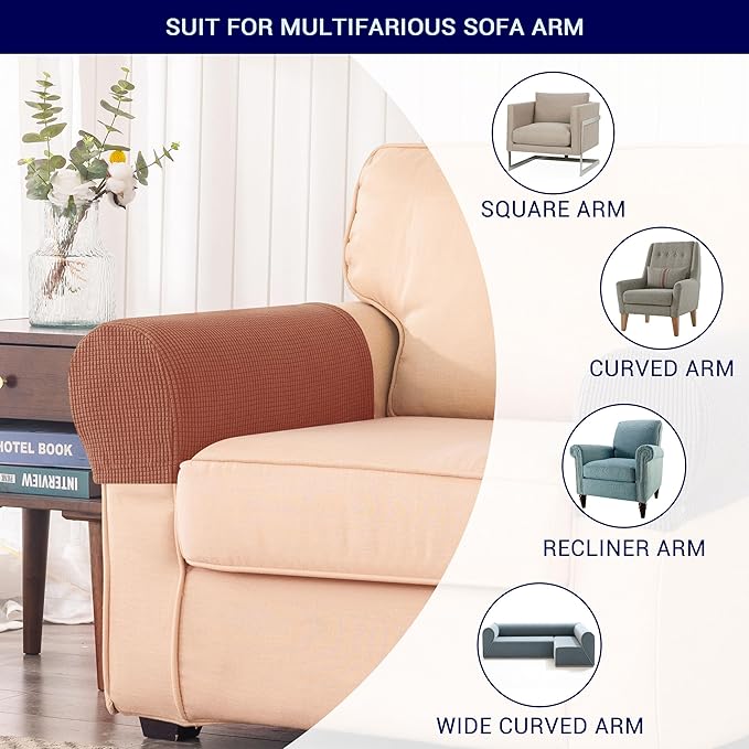 SUBRTEX Stretch Couch Arm Covers Set of 2, Checkered Sofa Arm Slipcovers, Anti-Slip Armrest Covers for Recliner and Armchairs, Pet Proof, High Stretchy, Hook & Loop Tape, Brick