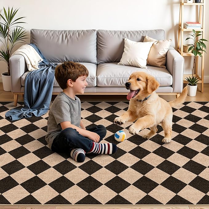 Checkered 3x5 No Shed Jute Rug: Machine Washable Non Slip Rugs Entryway Front Porch Kitchen - Door Mat Area Rug Farmhouse Neutral Non Shedding - Carpet for Bedroom Living Room (Black/Brown,3x5)