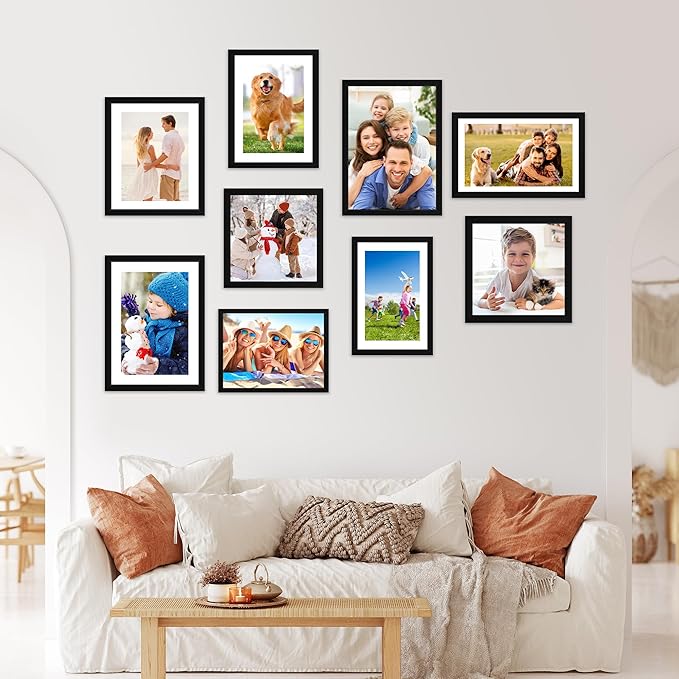 FIXSMITH 9x12 Picture Frame Set of 4, Photo Frame with HD Plexiglass, Display Pictures 6x8 with Mat or 9x12 Without Mat, Black Picture Frames Collage Wall Decor, Gallary Wall Frame