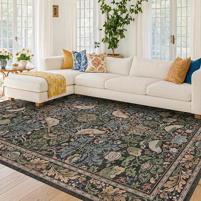 Hazo Haus Dark Living Room Rug 8x10 - Large Washable Floral Area Rugs for Dining Room Under Table, Bedroom, Office, Birds and Leaves Nature Design, Non-Slip Low Pile (Dark Green/Brown)