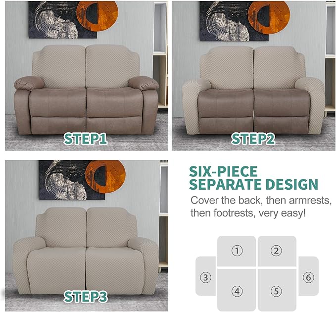 YEMYHOM 6 Pieces Stretch Loveseat Recliner Slipcover Jacquard Recliner Sofa Cover with Side Pocket Fitted Recliner Cover Couch Furniture Protector with Elastic Bottom (Medium, Khaki)