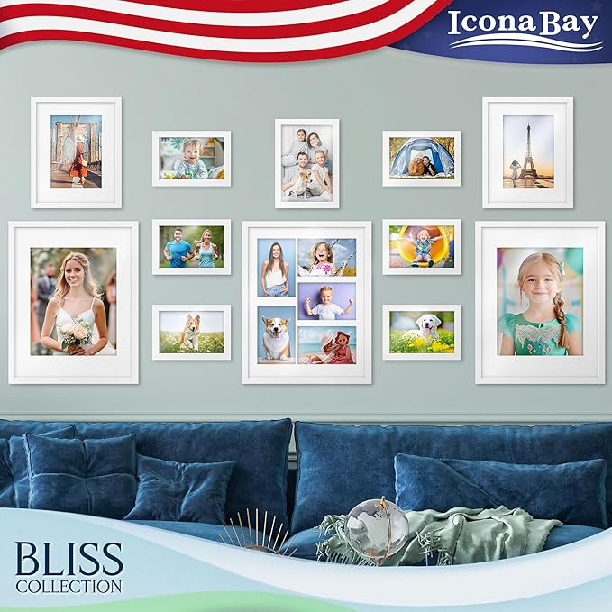 Icona Bay - 11x14 White Picture Frame with Removable Mat for 8x10 Photo - Modern Style Engineered Wood Frame - Wall Mount Only - Bliss Collection