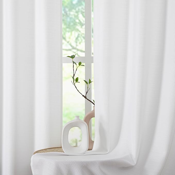 Chyhomenyc White Curtains 45 Inch Length 2 Panels, Faux Linen Textured Semi Sheer Light Filtering Soft Airy Rod Pocket Window Treatment Drapes for Living Room Bedroom, 30Wx45L Inch, 2 PCS